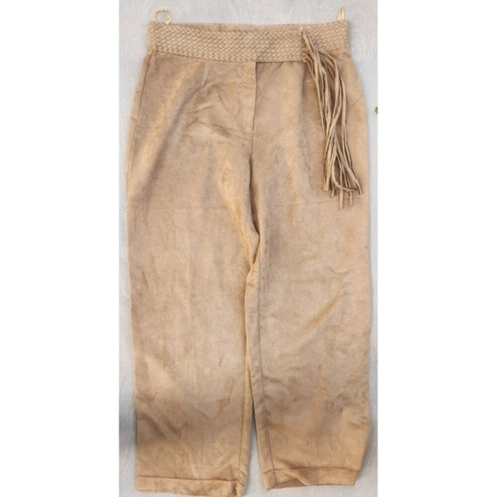 Mantles Petite Suede Crop Pants Fringe Detail Woven Waist Beige Boho‎ Women's 32